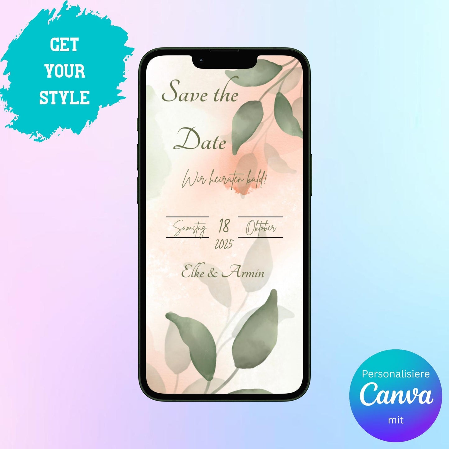 Digitale Save-the-date zur Hochzeit | Personalisierbare Einladung | Verschicke per E-Mail, WhatsApp, etc.