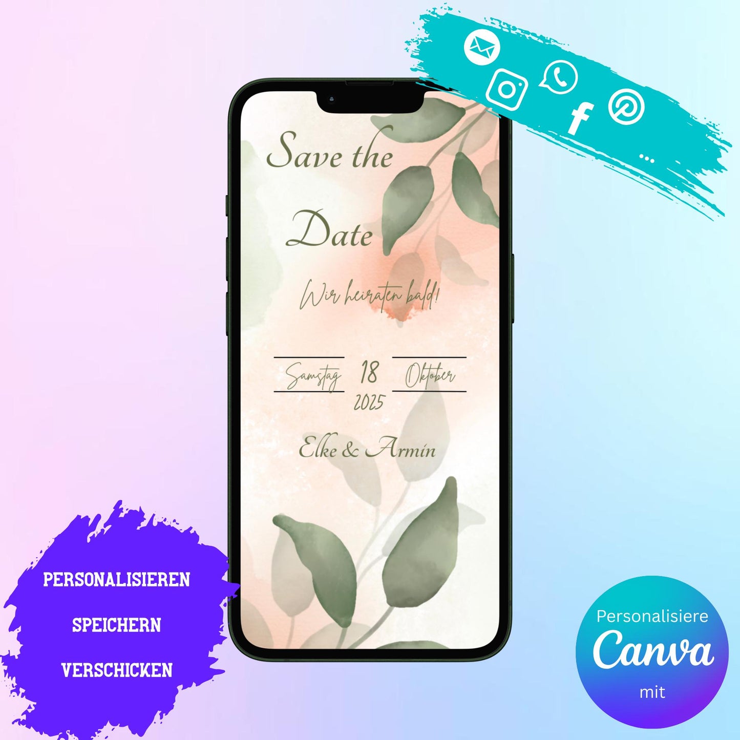 Digitale Save-the-date zur Hochzeit | Personalisierbare Einladung | Verschicke per E-Mail, WhatsApp, etc.