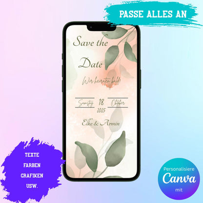 Digitale Save-the-date zur Hochzeit | Personalisierbare Einladung | Verschicke per E-Mail, WhatsApp, etc.