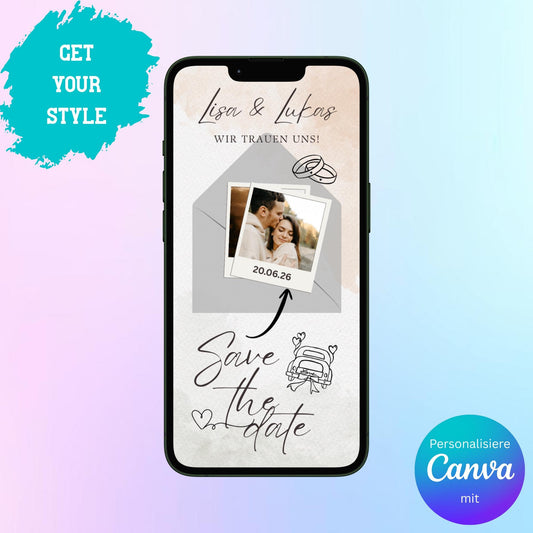 Digitale Save-the-date zur Hochzeit | Personalisierbare Einladung | Verschicke per E-Mail, WhatsApp, etc.