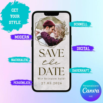 Digitale Save-the-date zur Hochzeit | Personalisierbare Einladung | Verschicke per E-Mail, WhatsApp, etc.