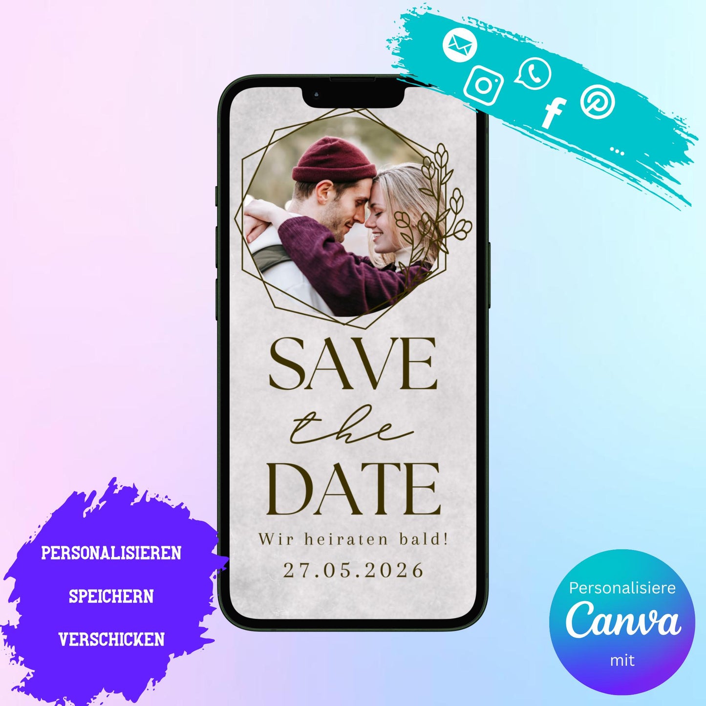 Digitale Save-the-date zur Hochzeit | Personalisierbare Einladung | Verschicke per E-Mail, WhatsApp, etc.
