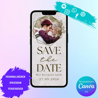 Digitale Save-the-date zur Hochzeit | Personalisierbare Einladung | Verschicke per E-Mail, WhatsApp, etc.
