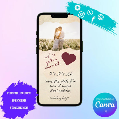 Digitale Save-the-date zur Hochzeit | Personalisierbare Einladung | Verschicke per E-Mail, WhatsApp, etc.