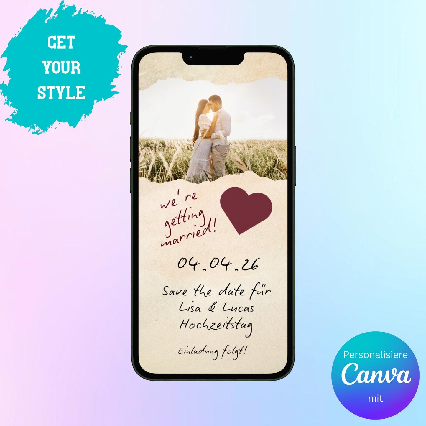 Digitale Save-the-date zur Hochzeit | Personalisierbare Einladung | Verschicke per E-Mail, WhatsApp, etc.