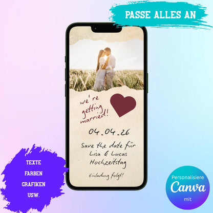 Digitale Save-the-date zur Hochzeit | Personalisierbare Einladung | Verschicke per E-Mail, WhatsApp, etc.