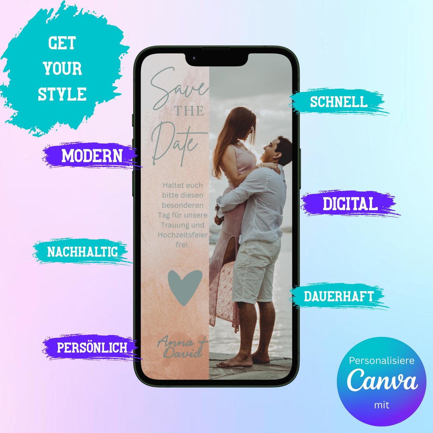 Digitale Save-the-date zur Hochzeit | Personalisierbare Einladung | Verschicke per E-Mail, WhatsApp, etc.
