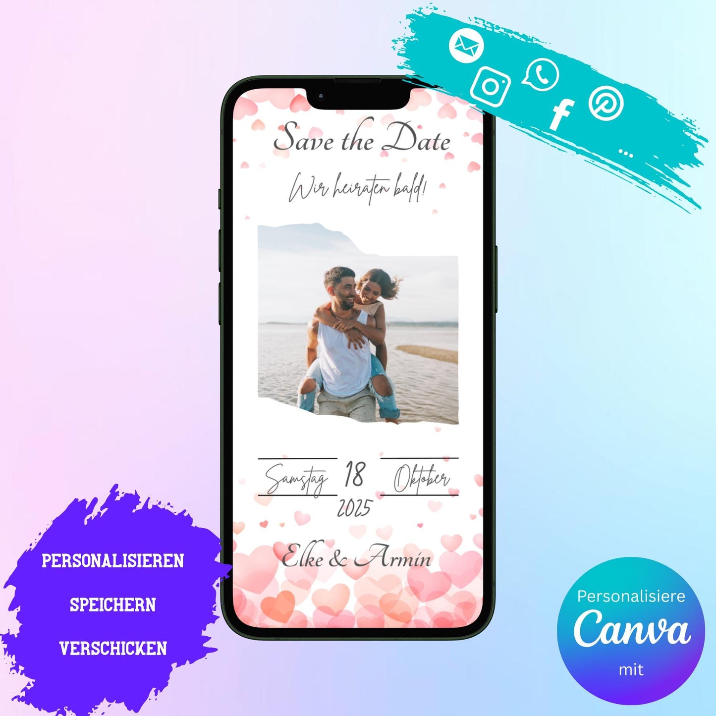 Digitale Save-the-date zur Hochzeit | Personalisierbare Einladung | Verschicke per E-Mail, WhatsApp, etc.