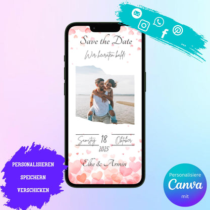 Digitale Save-the-date zur Hochzeit | Personalisierbare Einladung | Verschicke per E-Mail, WhatsApp, etc.