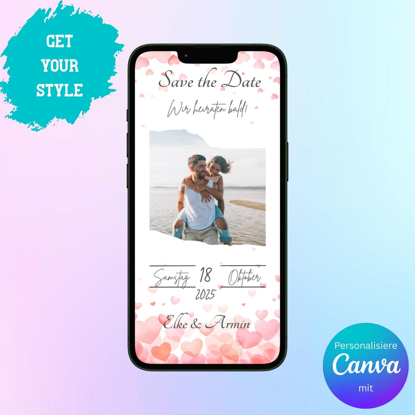 Digitale Save-the-date zur Hochzeit | Personalisierbare Einladung | Verschicke per E-Mail, WhatsApp, etc.