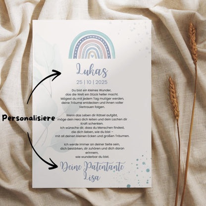 Personalisierter Patenbrief | Geschenk zur Taufe | Tauferinnerung (ohne Rahmen)