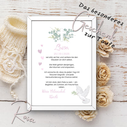 Personalisierter Patenbrief | Geschenk zur Taufe | Tauferinnerung (ohne Rahmen)