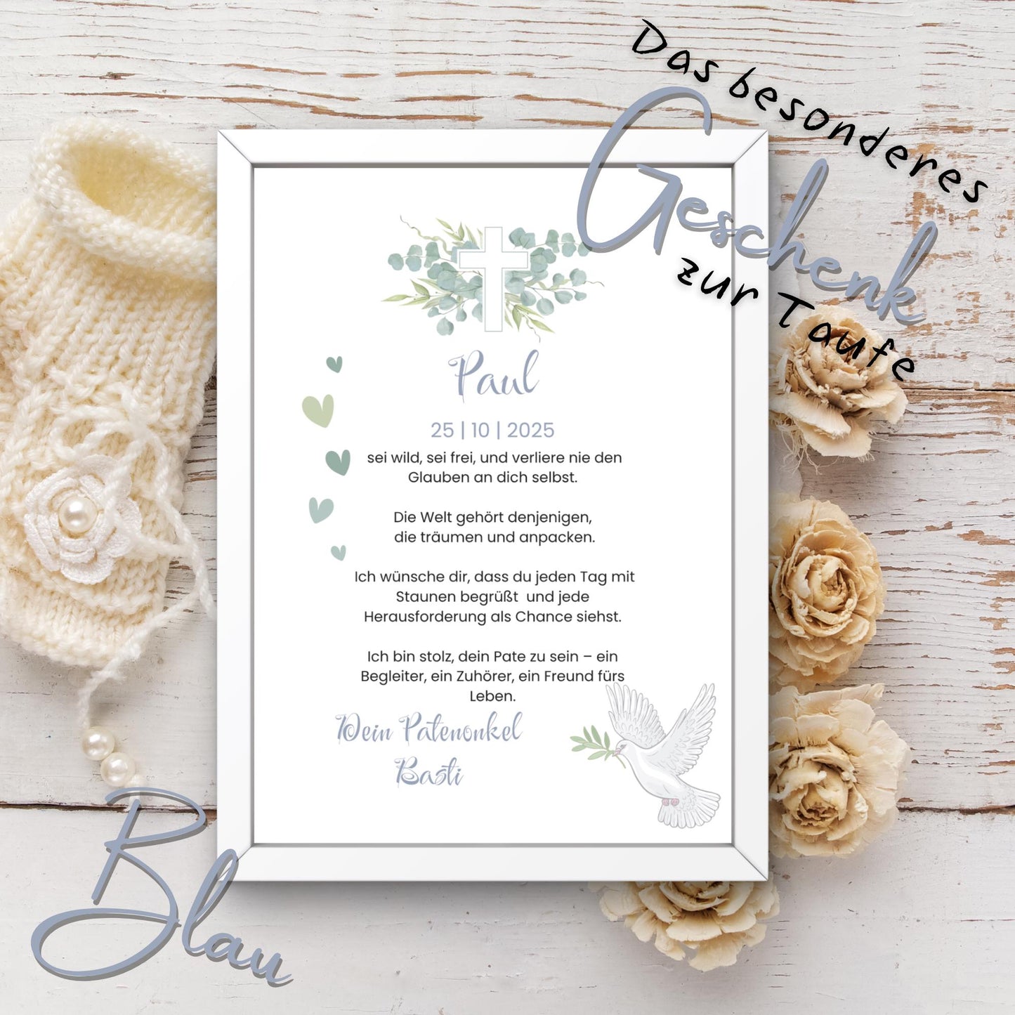 Personalisierter Patenbrief | Geschenk zur Taufe | Tauferinnerung (ohne Rahmen)