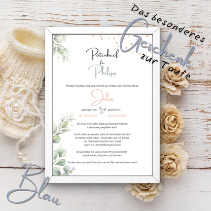 Personalisierter Patenbrief | Geschenk zur Taufe | Tauferinnerung (ohne Rahmen)