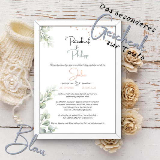 Personalisierter Patenbrief | Geschenk zur Taufe | Tauferinnerung (ohne Rahmen)