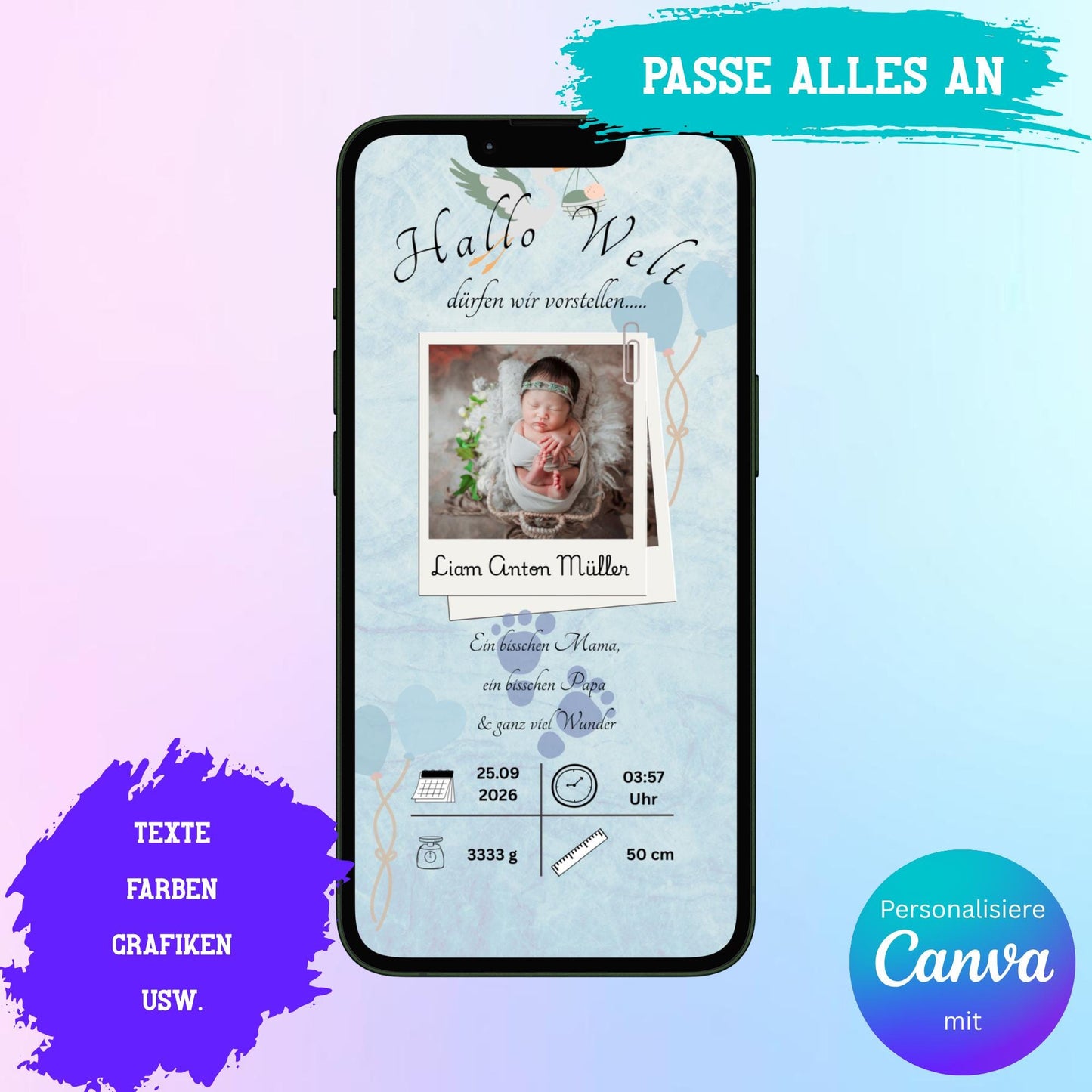 Digitale Verkündung zur Geburt | Personalisierbare Verkündung | Verschicke per E-Mail, WhatsApp, etc.