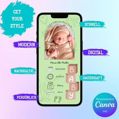Digitale Verkündung zur Geburt | Personalisierbare Verkündung | Verschicke per E-Mail, WhatsApp, etc.