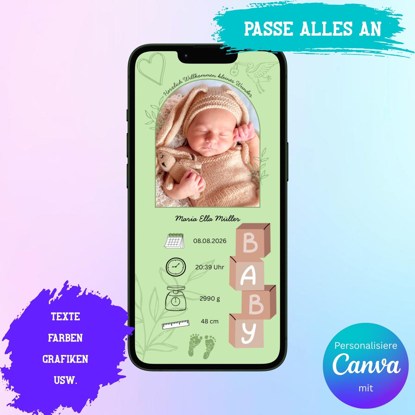 Digitale Verkündung zur Geburt | Personalisierbare Verkündung | Verschicke per E-Mail, WhatsApp, etc.