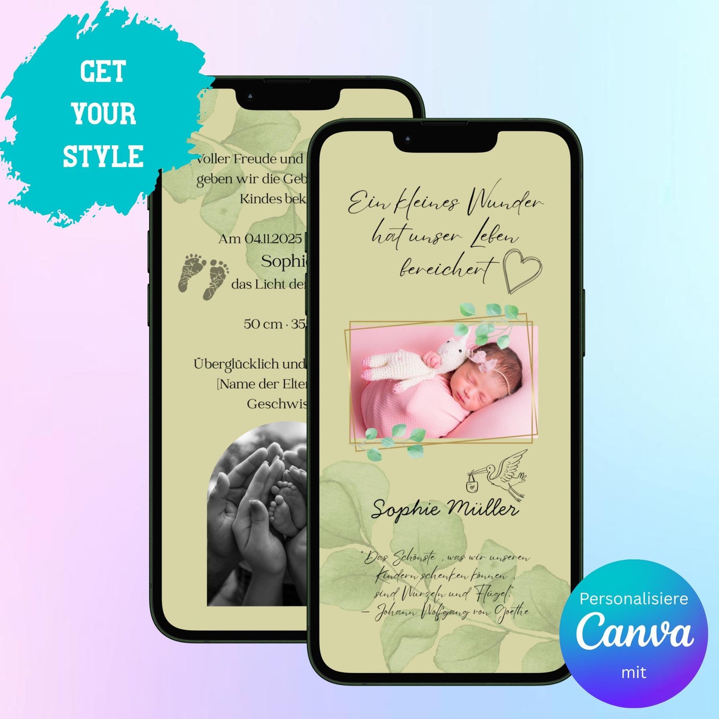 Digitale Verkündung zur Geburt | Personalisierbare Verkündung | Verschicke per E-Mail, WhatsApp, etc.