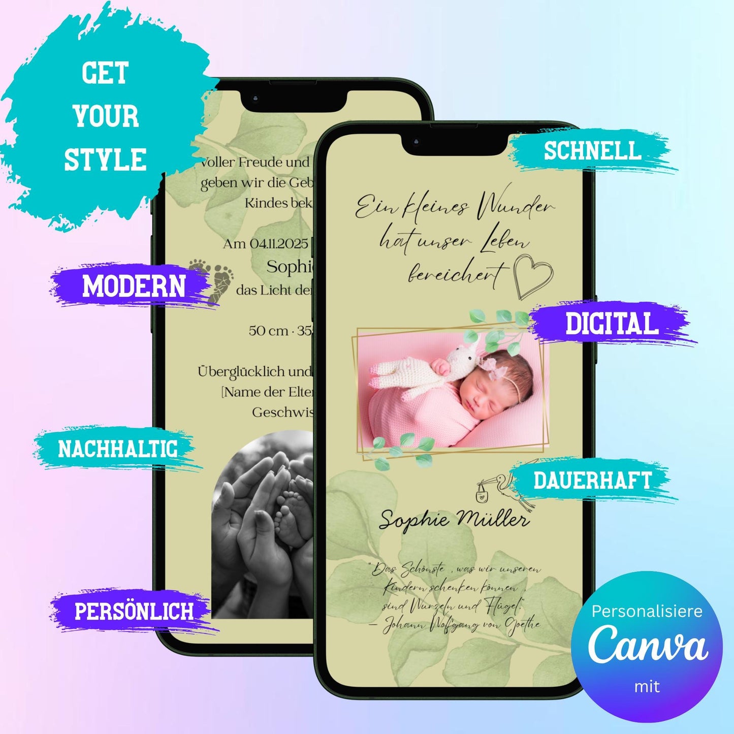 Digitale Verkündung zur Geburt | Personalisierbare Verkündung | Verschicke per E-Mail, WhatsApp, etc.