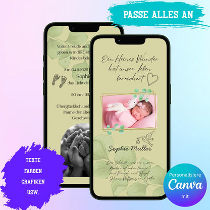 Digitale Verkündung zur Geburt | Personalisierbare Verkündung | Verschicke per E-Mail, WhatsApp, etc.