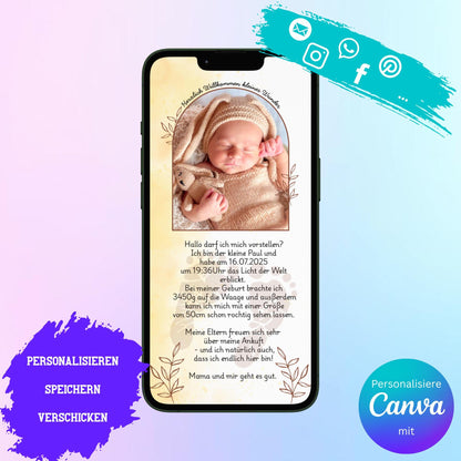 Digitale Verkündung zur Geburt | Personalisierbare Verkündung | Verschicke per E-Mail, WhatsApp, etc.