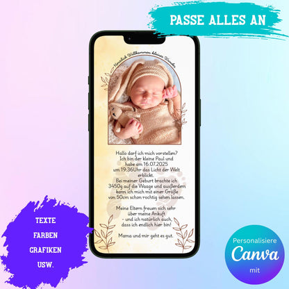 Digitale Verkündung zur Geburt | Personalisierbare Verkündung | Verschicke per E-Mail, WhatsApp, etc.
