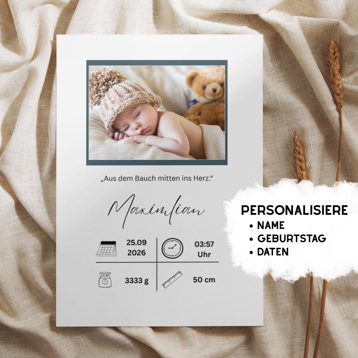 Personalisiertes Bild zur Geburt | Geschenk zur Geburt | Geburtserinnerung (ohne Rahmen)