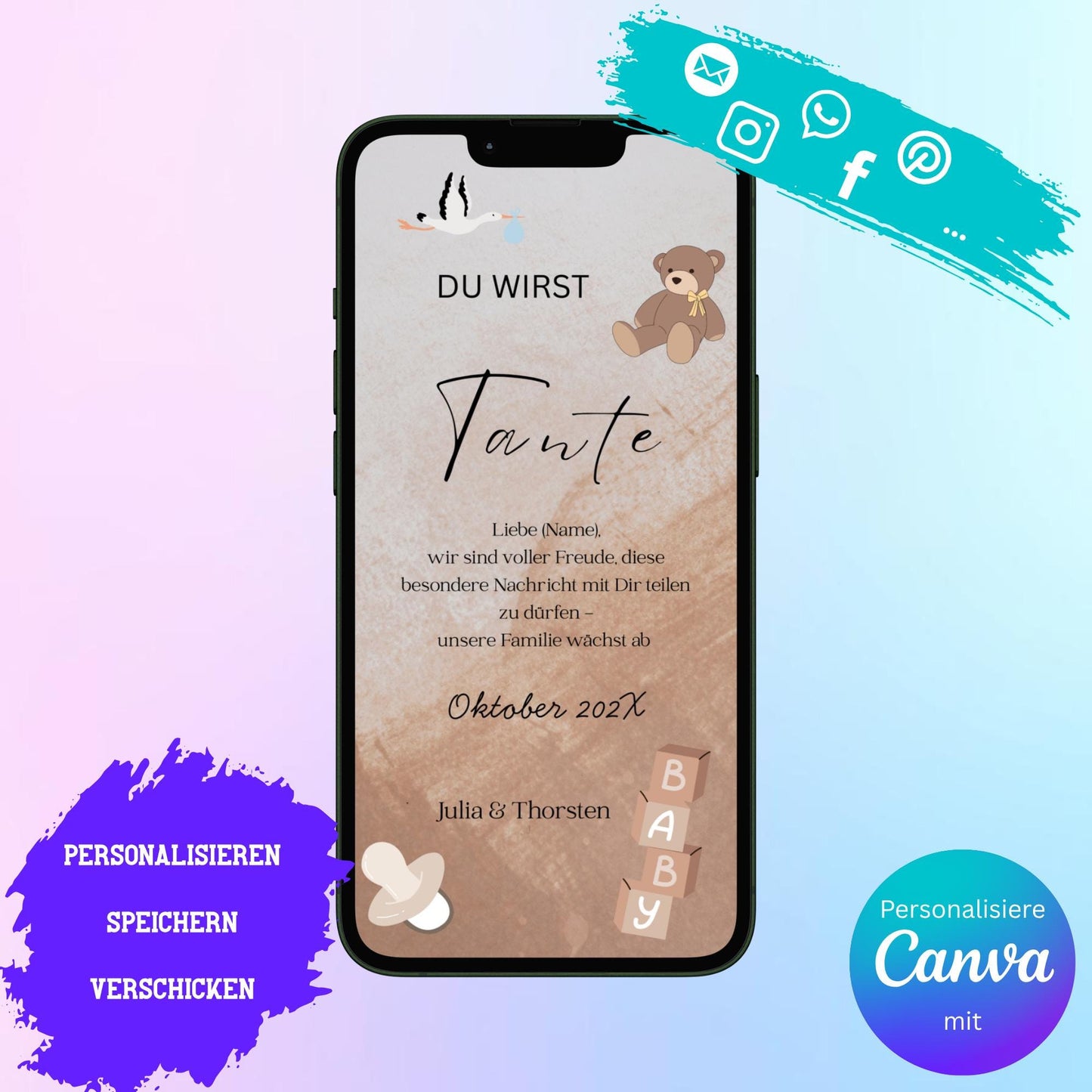 Digitale Schwangerschaftsverkündung | Baby-News Reveal | Personalisiert | Überraschung für Familie & Freunde | Sofort-Download