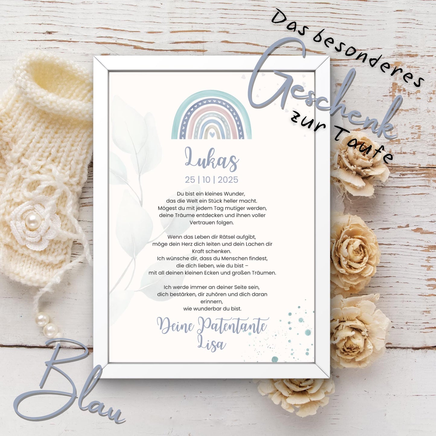 Personalisierter Patenbrief | Geschenk zur Taufe | Tauferinnerung (ohne Rahmen)