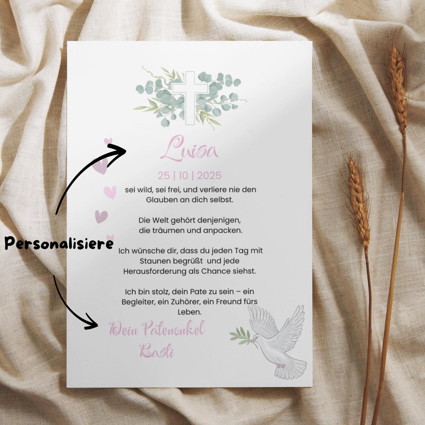 Personalisierter Patenbrief | Geschenk zur Taufe | Tauferinnerung (ohne Rahmen)