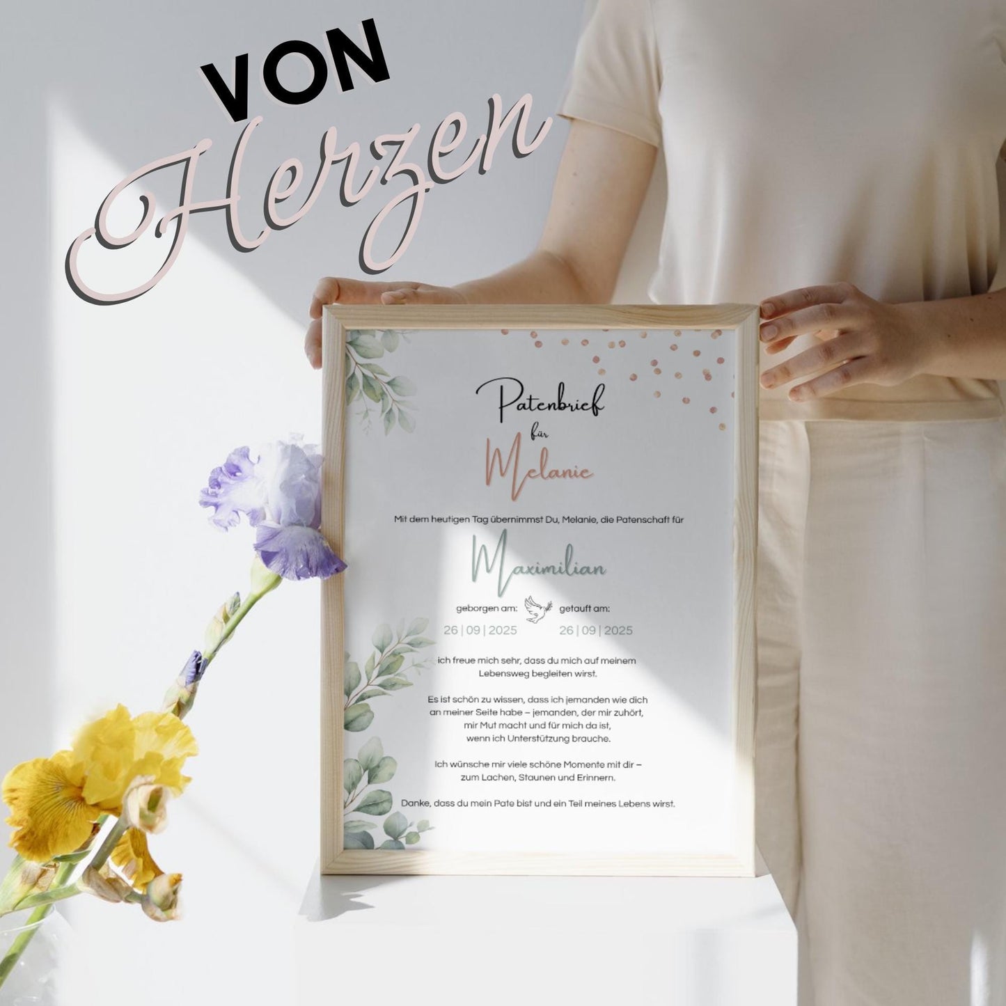 Personalisierter Patenbrief | Geschenk zur Taufe | Tauferinnerung (ohne Rahmen)