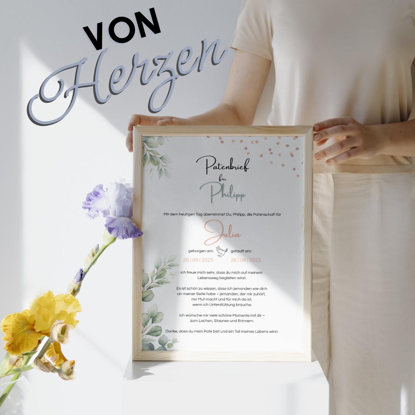 Personalisierter Patenbrief | Geschenk zur Taufe | Tauferinnerung (ohne Rahmen)