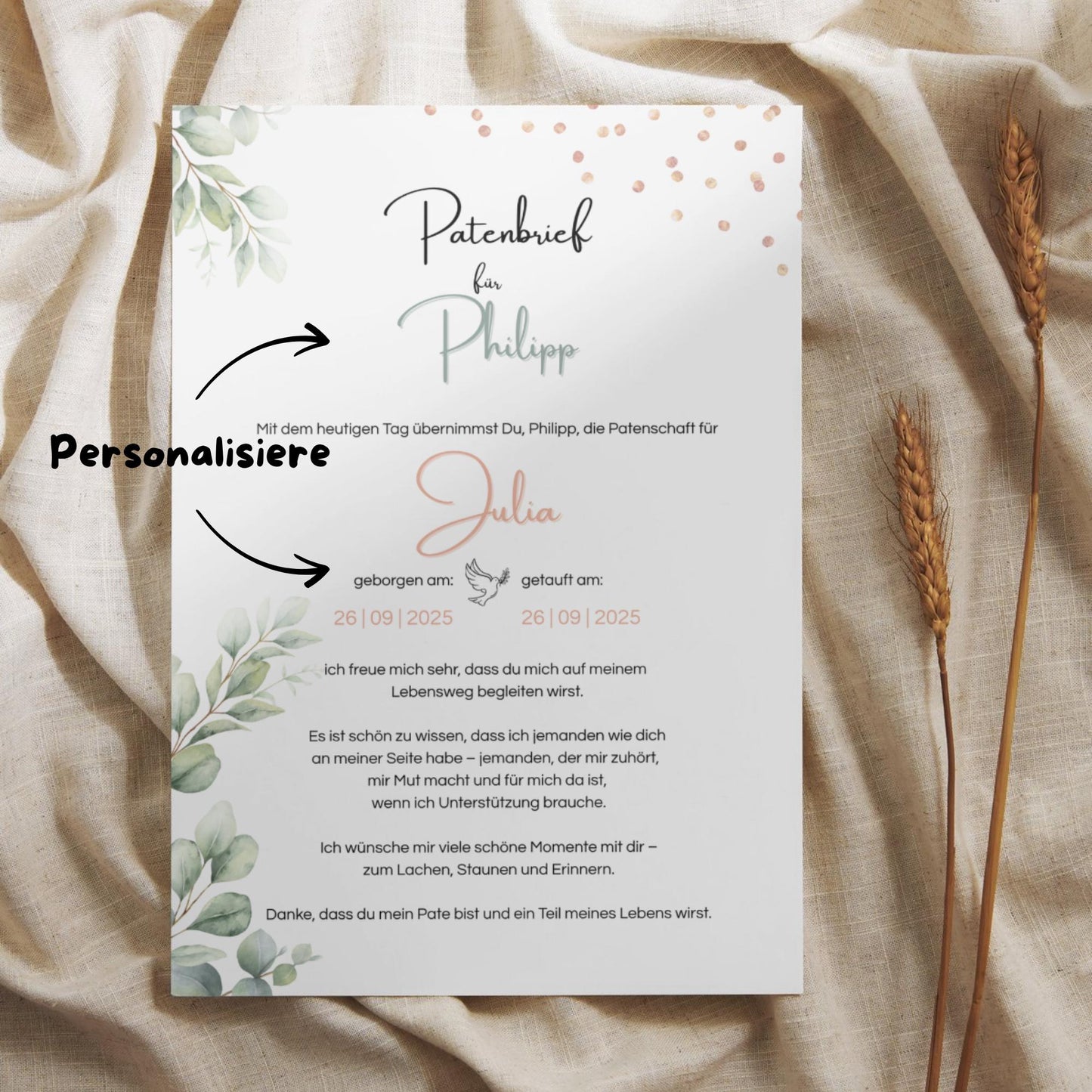Personalisierter Patenbrief | Geschenk zur Taufe | Tauferinnerung (ohne Rahmen)
