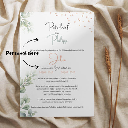 Personalisierter Patenbrief | Geschenk zur Taufe | Tauferinnerung (ohne Rahmen)