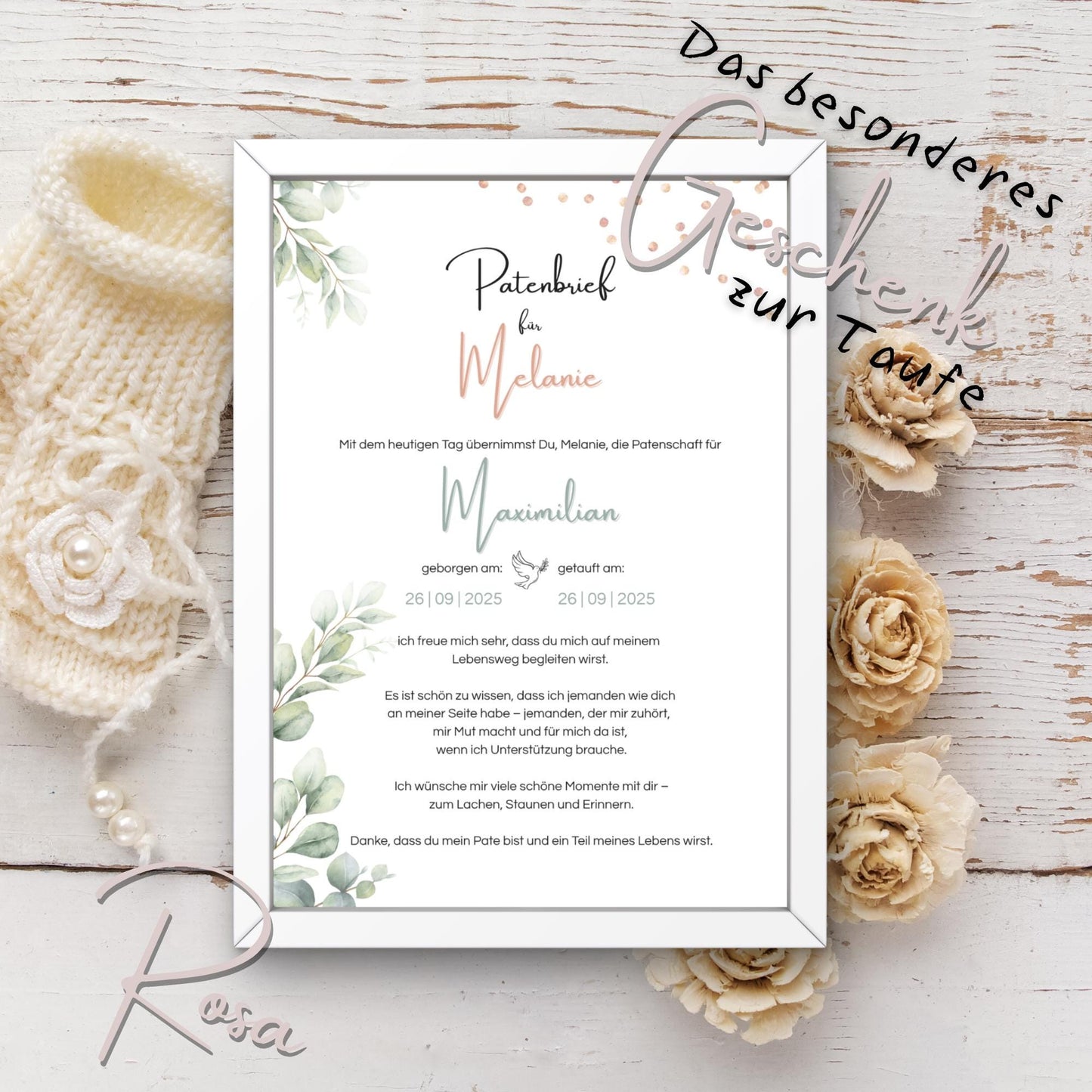 Personalisierter Patenbrief | Geschenk zur Taufe | Tauferinnerung (ohne Rahmen)