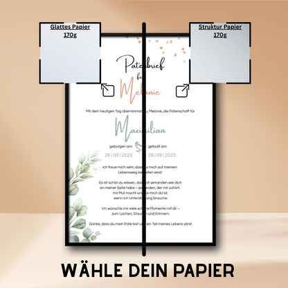 Personalisierter Patenbrief | Geschenk zur Taufe | Tauferinnerung (ohne Rahmen)