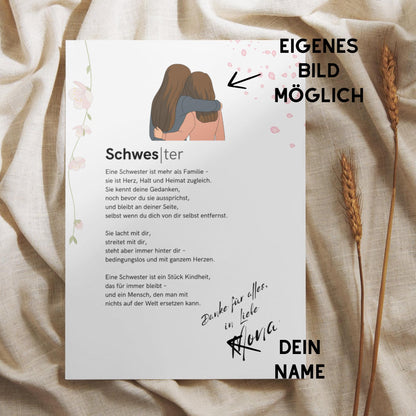 Brief an Schwester | Liebevoller Brief, Geschenk für Schwester, Dankeschön mit Herz (ohne Rahmen)