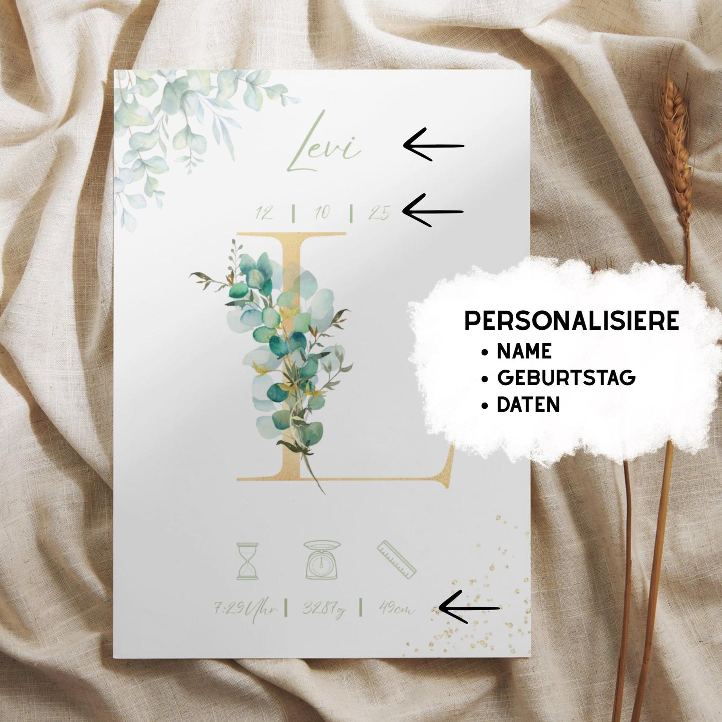 Personalisiertes Bild zur Geburt | Geschenk zur Geburt | Geburtserinnerung (ohne Rahmen)