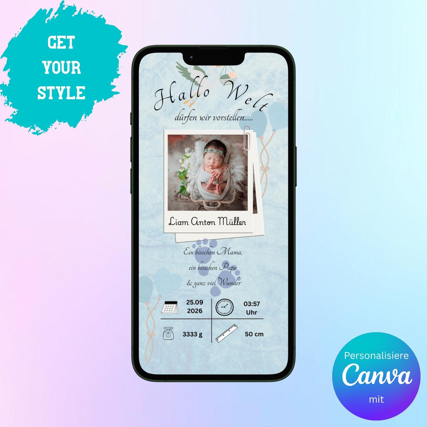 Digitale Verkündung zur Geburt | Personalisierbare Verkündung | Verschicke per E-Mail, WhatsApp, etc.