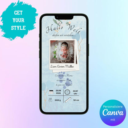 Digitale Verkündung zur Geburt | Personalisierbare Verkündung | Verschicke per E-Mail, WhatsApp, etc.