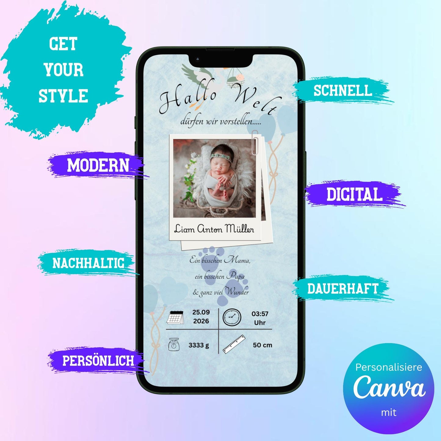 Digitale Verkündung zur Geburt | Personalisierbare Verkündung | Verschicke per E-Mail, WhatsApp, etc.