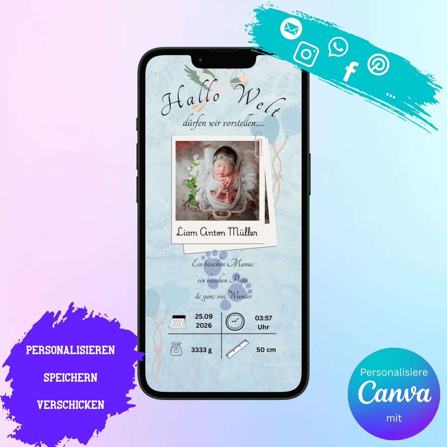 Digitale Verkündung zur Geburt | Personalisierbare Verkündung | Verschicke per E-Mail, WhatsApp, etc.