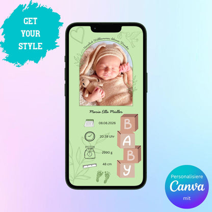 Digitale Verkündung zur Geburt | Personalisierbare Verkündung | Verschicke per E-Mail, WhatsApp, etc.