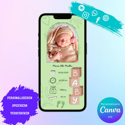 Digitale Verkündung zur Geburt | Personalisierbare Verkündung | Verschicke per E-Mail, WhatsApp, etc.