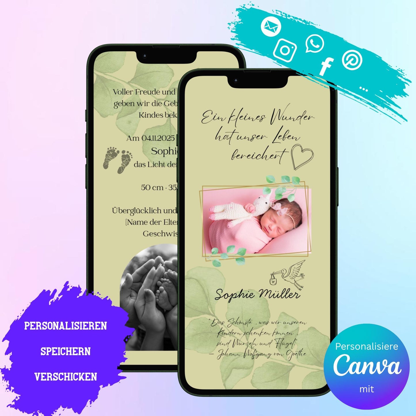 Digitale Verkündung zur Geburt | Personalisierbare Verkündung | Verschicke per E-Mail, WhatsApp, etc.
