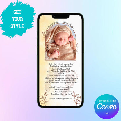 Digitale Verkündung zur Geburt | Personalisierbare Verkündung | Verschicke per E-Mail, WhatsApp, etc.