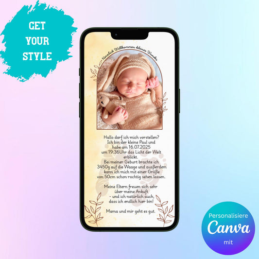 Digitale Verkündung zur Geburt | Personalisierbare Verkündung | Verschicke per E-Mail, WhatsApp, etc.
