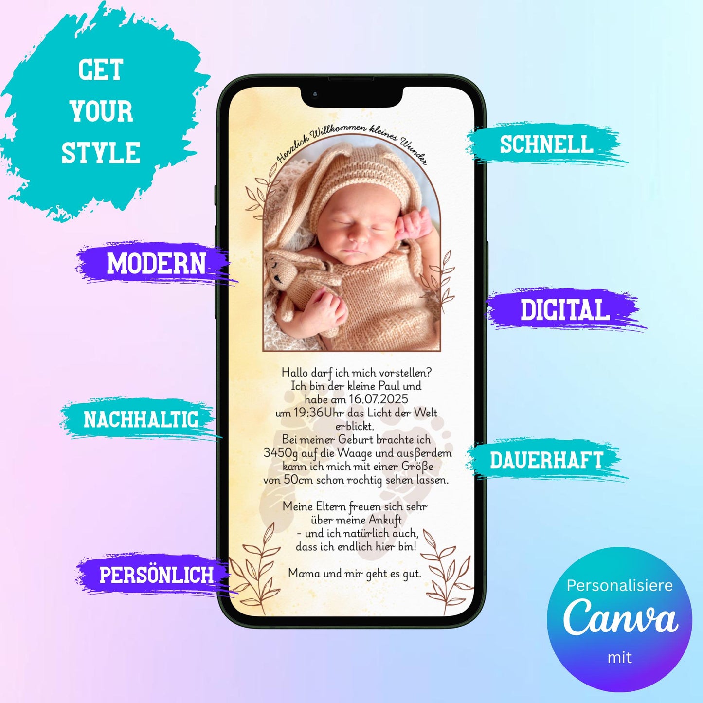 Digitale Verkündung zur Geburt | Personalisierbare Verkündung | Verschicke per E-Mail, WhatsApp, etc.