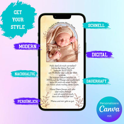 Digitale Verkündung zur Geburt | Personalisierbare Verkündung | Verschicke per E-Mail, WhatsApp, etc.